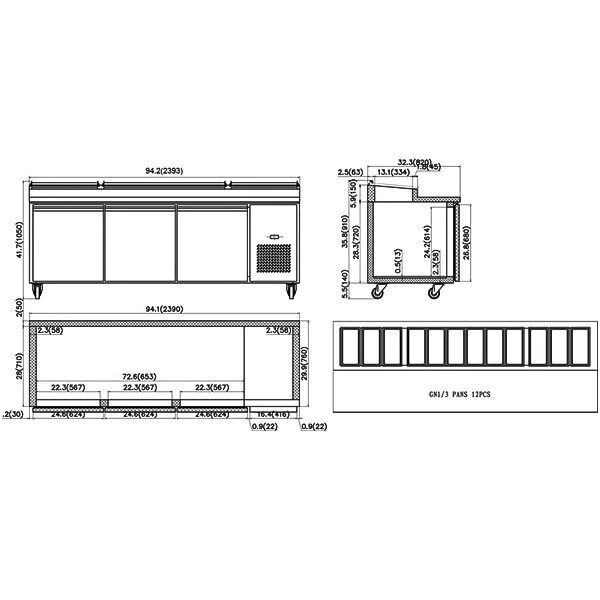 94" CHEF Triple Solid Door Refrigerated Pizza Prep Table WC-3DPPT-HC - Image 2