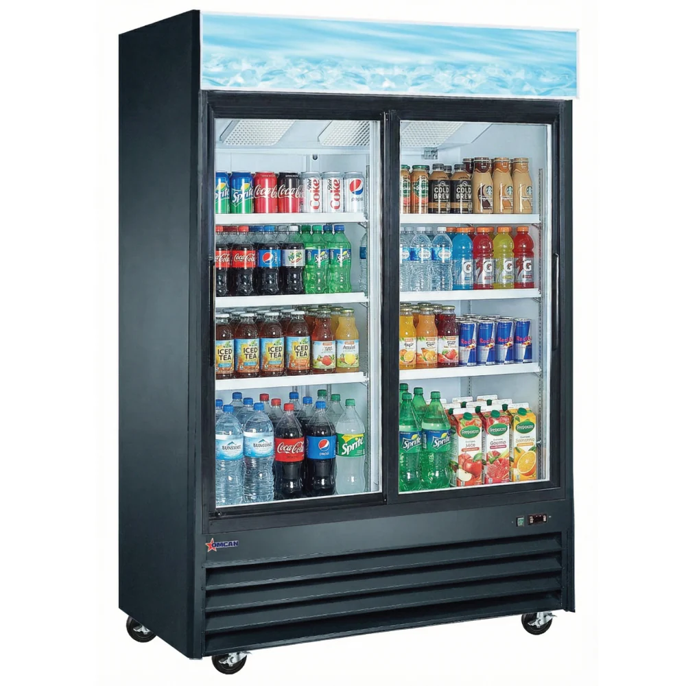 Omcan 53'' 2 Door Swing Glass Door Refrigerator, 45 Cu.Ft Black 53032
