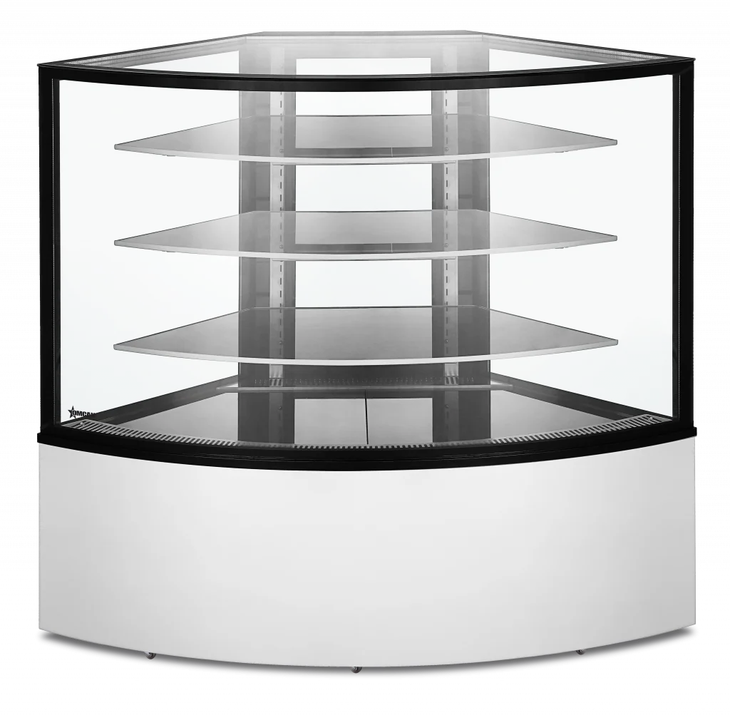 Omcan 59″ Refrigerated Corner Floor Glass Display Case 16.8 cu.ft / 475 L Capacity 47708