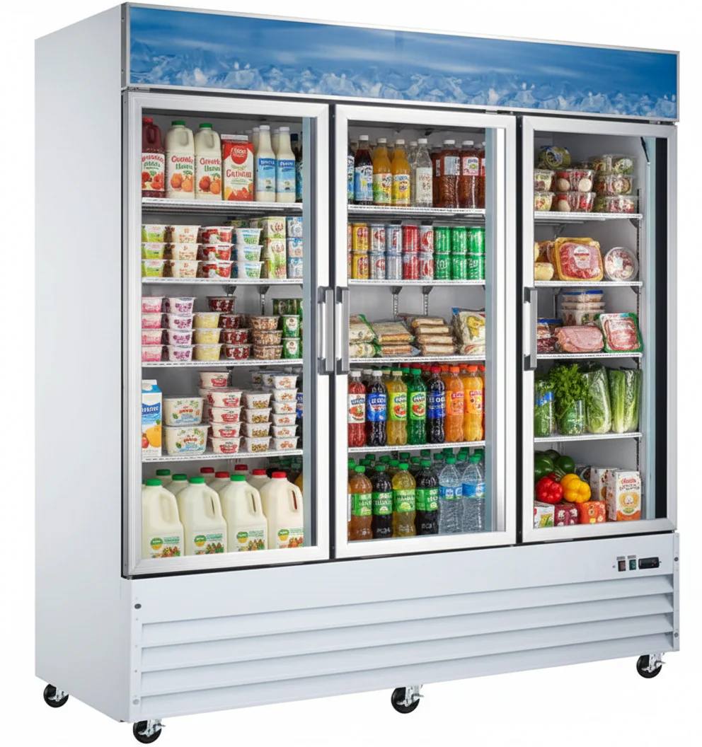 Omcan 78'' 3 Door Swing Glass Door Refrigerator with 53 Cu.Ft. 50052