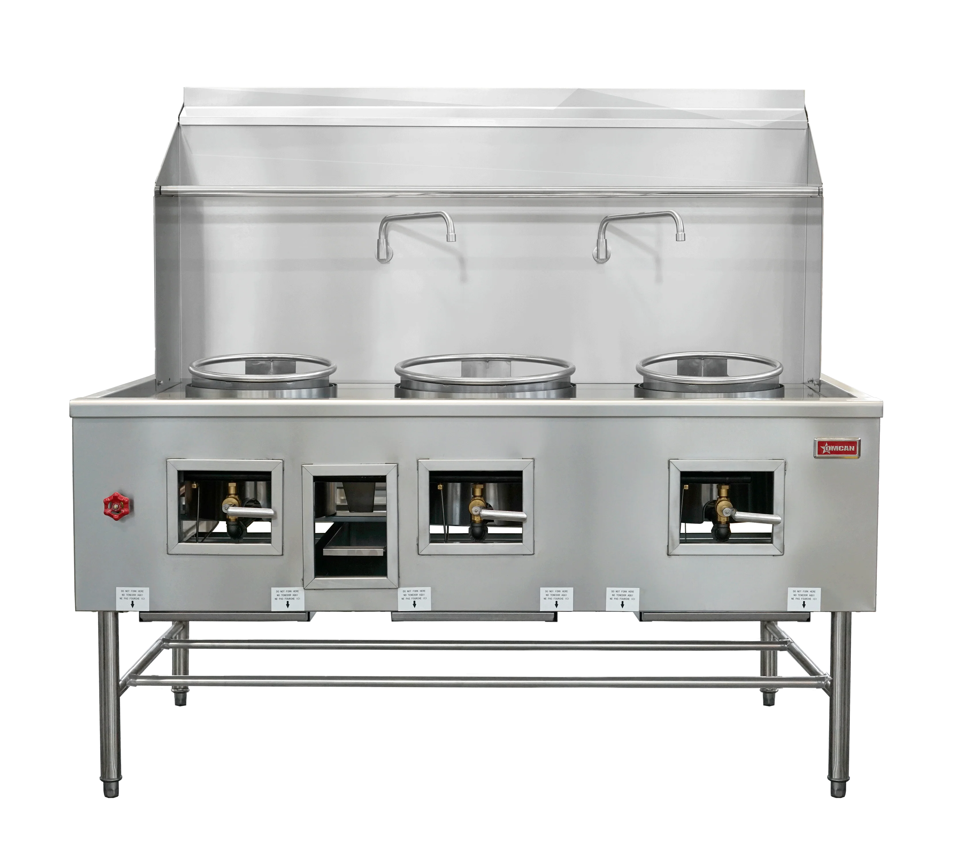 Omcan Three Chamber Wok Range with Two 13″ Ring & One 16″ Ring, Backsplash, Faucet, 315,000 BTU – Natural Gas 48409
